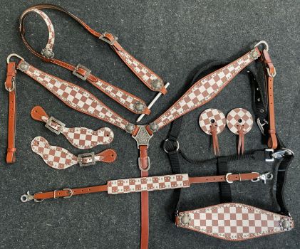 Showman Brown &amp; White Checker Print One Ear Headstall and Breast Collar 7- piece set #2